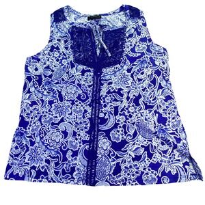 Rafaella Shirt Women's Large NWT Blue White Floral Lace Trim Sleeveless Tank Top